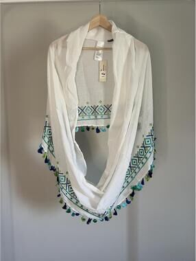 Tommy Bahama Embroidered Gauze Scarf, White/Turquoise/Teal/Blue, New with Tags